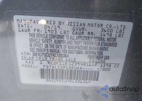 2019 Nissan Kicks Sv из США, поврежденный, VIN 3N1CP5CU7KL526364